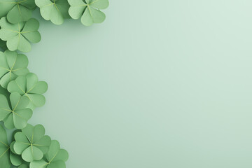 Green clover leaves arranged in a decorative pattern on a soft pastel background, creating a fresh and vibrant atmosphere with ample copy space for text