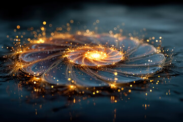 An abstract artistic composition featuring shimmering gold particles and flowing light lines creating a dynamic pattern on a dark surface.  