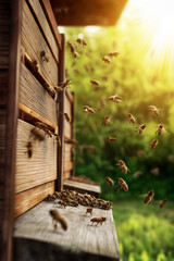 Bees flying around wooden beehive in a lush garden, showcasing the busy activity of pollination and honey production in a vibrant natural setting