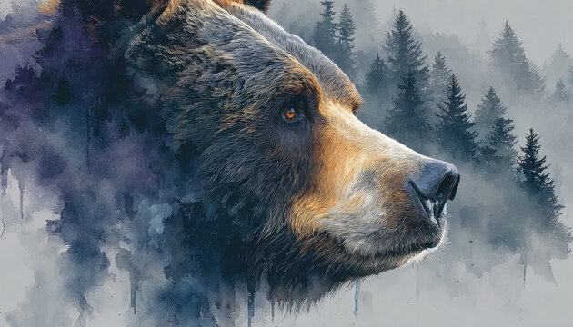 An artistic portrait of a brown bear, executed in a painterly, almost watercolor-like technique. 