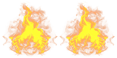 A vibrant and dramatic illustration of two yellow and orange flames on a black background on transparent background