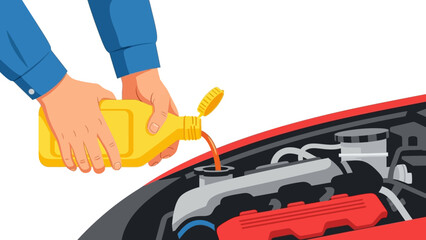 Naklejka premium Adding engine oil to a car's engine with hands pouring from a yellow bottle