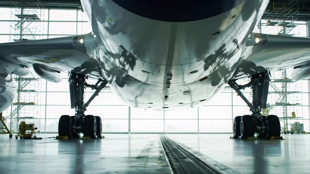 Low-angle, tracking video of a modern passenger airplane's robust landing gear and engine in a vast, sunlit hangar with scaffolding. Concept of precision engineering and industrial grandeur
