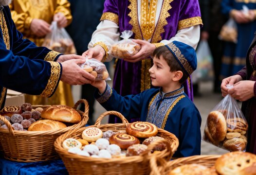 Young boy in traditional blue and gold attire receiving a gift of pastries. Purim holiday celebration with Mishloach Manot baskets. Jewish community festival with traditional costumes