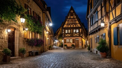 Obraz premium Romantic Night Scene of Half-Timbered Houses in a Medieval Village
