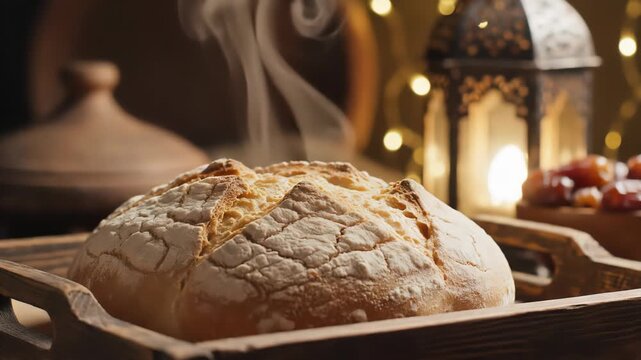 Close Up of Freshly Baked Crusty Loaf of Bread Emitting Warm Steam on a Wooden Tray with Dates and Ornate Lantern in Softly Lit Background