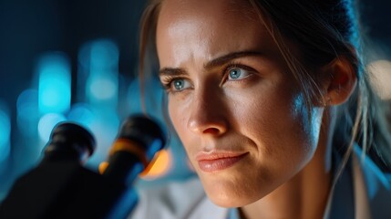 Female Scientist Looking Through Microscope in Modern Laboratory