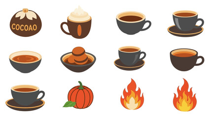 Cozy beverage collection featuring coffee and hot chocolate with autumn themes