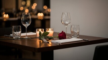 Fine dining table for two with rose and burning candles