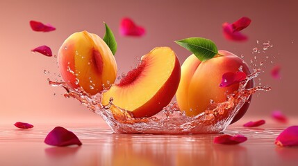 Fresh Peaches and Slices Splashing in Juice with Rose Petals