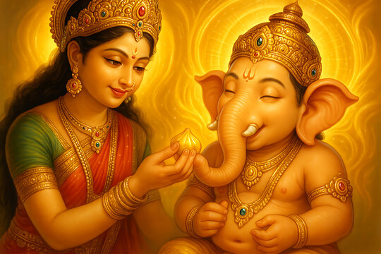 A divine depiction of goddess parvati offering a sweet treat to lord ganesha radiating warmth and spiritual connection