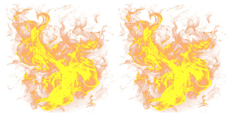 A vibrant and dramatic illustration of two identical flames on a transparent background