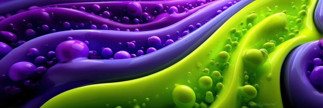 Abstract 3D Fluid Waves with Purple and Lime Green Bubbles