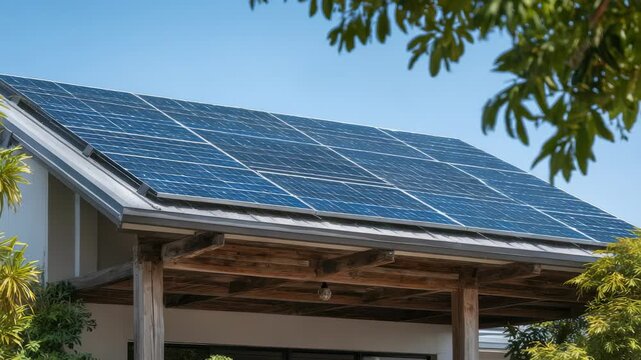 A residential home features solar panels installed on its roof, emphasizing renewable energy and environmental consciousness. Green foliage frames the scene, reflecting a commitment to sustainability