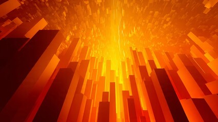 Dynamic Energy of Orange Cubes: An abstract composition of towering orange rectangular blocks radiates energy, with radiant light streaming through, forming an inviting and awe-inspiring environment.