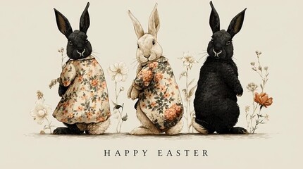 Cute Easter card illustration with three dressed rabbits and flowers on neutral background, warm festive
