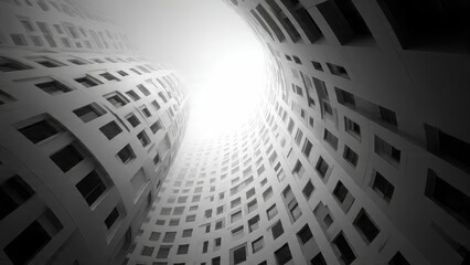 Modern Urban Silhouette: Dramatic perspective shot of a modern, multi-story building, its curving facade reaching upwards towards the sky, creating an abstract and awe-inspiring architectural pattern.