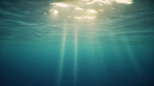 Wide deep underwater video of golden sunlight shafts illuminating sapphire ocean with god rays and caustics, slow upward tracking towards surface. Profound natural beauty