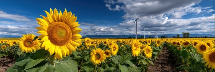 Sunflower Field with Wind Turbines under a Blue Cloudy Sky
