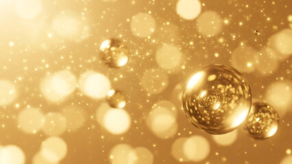 Golden bokeh lights and orbs on a shimmering gold background