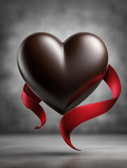 Glossy Dark Chocolate Heart with Red Ribbon on Grey Background created with Generative AI Technology, ai, generative