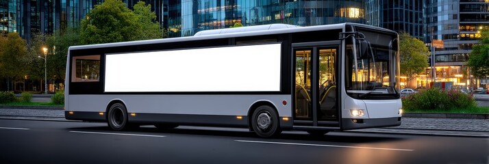 Modern City Bus with Blank Billboard Mockup in Night City