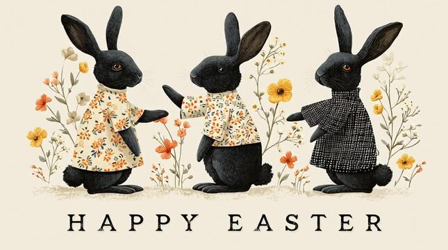 Cute Easter card illustration with three dressed rabbits and flowers on neutral background, warm festive