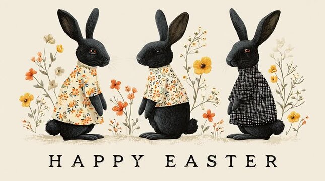 Cute Easter card illustration with three dressed rabbits and flowers on neutral background, warm festive