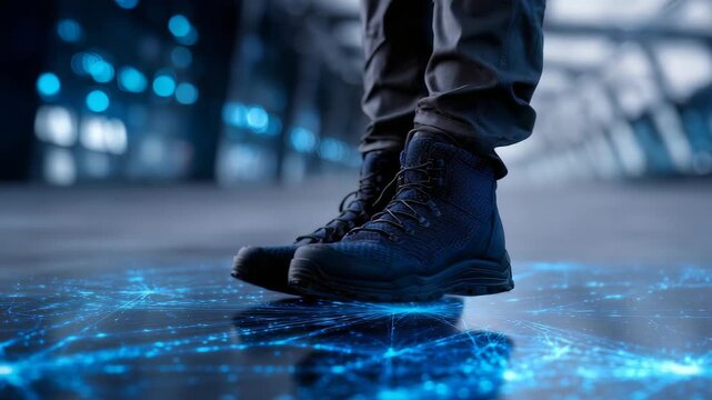 A close up of sturdy black tactical boots on a luminous digital grid floor in a futuristic corridor. The image highlights cutting edge technology, cyber themes, and contemporary urban style