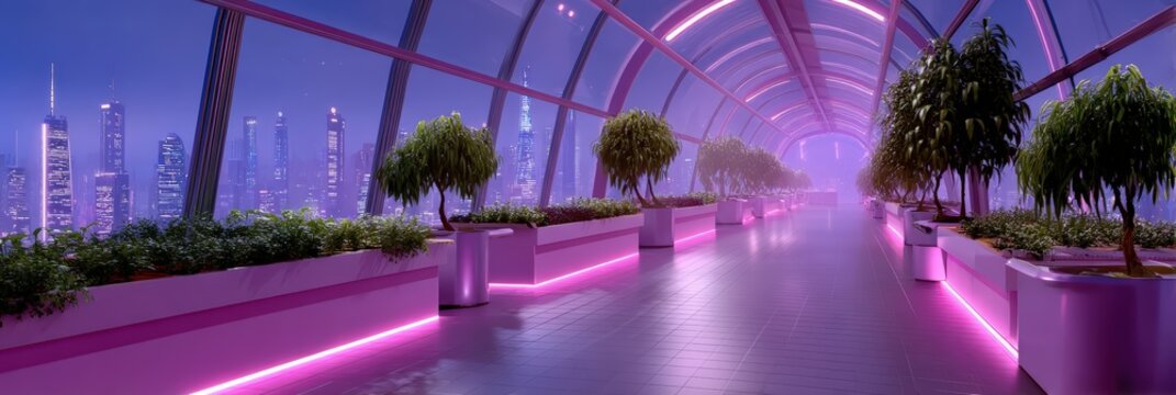 Futuristic Cyberpunk Glass Walkway with Neon Lights and City View