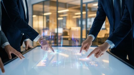 Corporate professionals in formal attire interact with a large touchscreen table projecting holographic data and graphs during a collaborative strategy session in a modern office