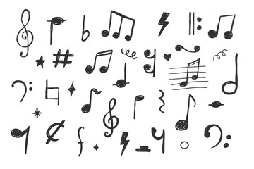 Music notes crayon chalk pencil elements in sketch style. Grunge texture. Whimsical music symbols, signs design element. Border  © Alyona