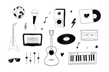Music retro doodle set punk rock grunge design elements. Vintage sound vinyl, player, cassette tape, instruments, disco and rock.
