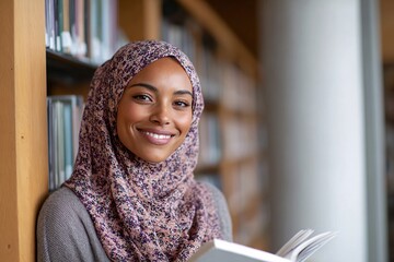 Female student in a patterned hijab smiles while standing near book shelves in a library