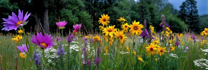 Vibrant Wildflower Meadow Panorama with Purple and Yellow Blooms