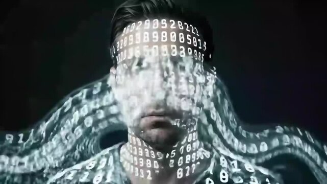 Man portrait contemplative bald man with flowing numeric binary numbers overlay data moody digital