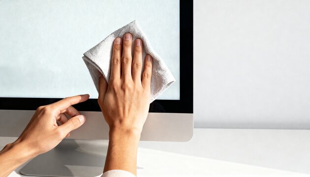 A person cleaning a computer monitor screen with a microfiber cloth. Technology maintenance and workplace hygiene. White background with copy space