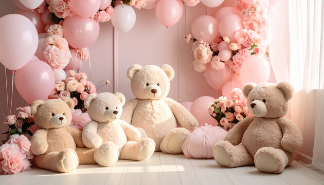 Panoramic professional photoshoot of a baby girl celebration pastel pink and cream