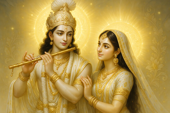 A divine portrayal of lord krishna playing a flute for radha radiating a golden glow and spiritual serenity