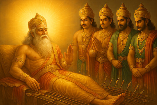 A golden depiction of vyasa narrating the epic mahabharata to the five pandava brothers in a serene setting