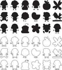 Obraz premium Collection of cute cartoon character silhouettes and outlines