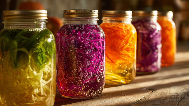 Close up of pickled red cabbage in glass jar with bubbles, traditional fermentation process