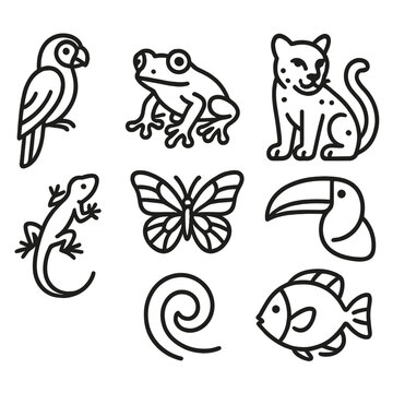 Tropical Animal Icons. Tropical Animals set in outline vector style: parrot, tree frog, jungle cat, toucan beak, lizard, butterfly, monkey tail curve, tropical fish