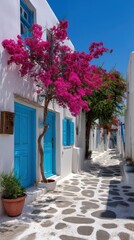 Fototapeta premium Charming Greek Island Alley with Blue Doors and Bougainvillea