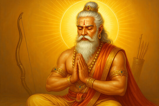 A serene depiction of sage narada with hands clasped in prayer radiating a golden aura and embodying wisdom and spiritual devotion
