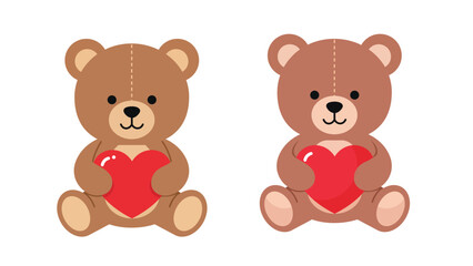 Fototapeta premium Set of two cute brown teddy bears sitting and holding red hearts vector illustration icons isolated