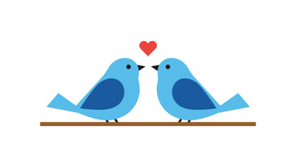 Two cute blue birds in love sitting on a branch with red heart vector illustration icon isolated
