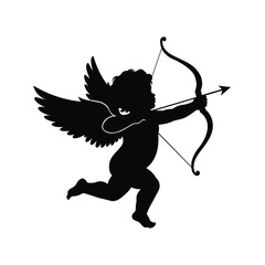 Black silhouette of Cupid angel shooting bow and arrow vector illustration icon isolated