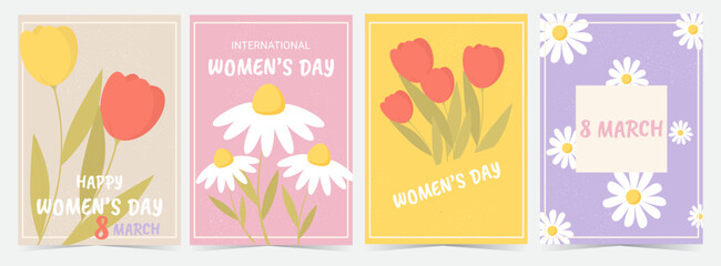 A set of Women's Day posters featuring flowers and textures. Postcards with tulips and daisies for March 8th. Vertical templates with flat floral motifs. Vector spring collection.
