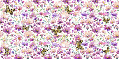 Hand drawn purple cosmos flower with butterflies seamless pattern. Exotic floral pattern design for fabric, textiles, clothing. Seamless background with purple cosmos flowers. Not AI, Vector